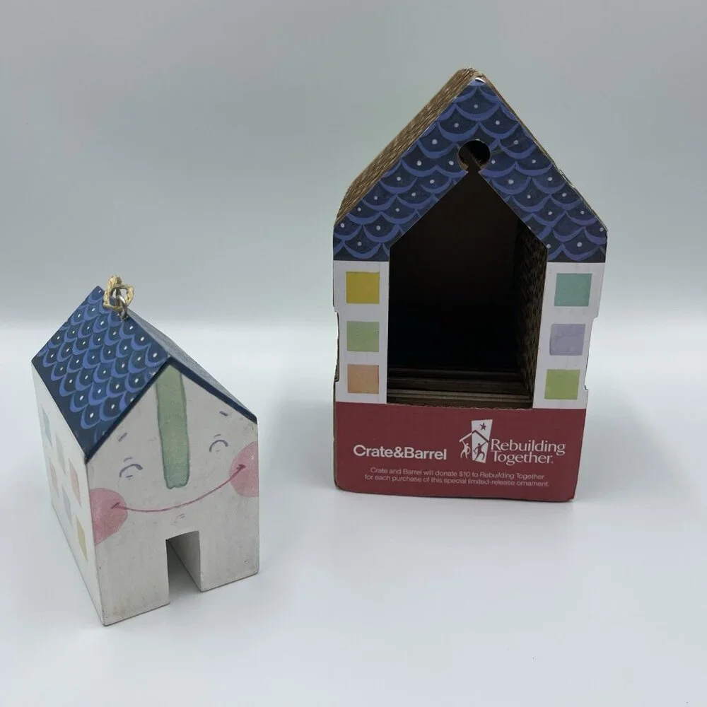 2013 Crate & Barrel Jen Corace Wooden House Christmas Ornament Hearts & Home